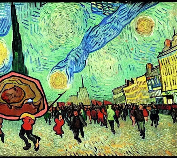 Image similar to a giant triangular dumpling with meat in the center eats people in the city of the future, people run and scream, by van gogh, realism, futurism