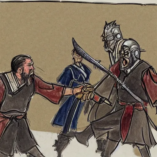 Image similar to highly detailed realistic Courtroom style sketch of The Hague members yelling at a cyborg samurai, fear and anger in their eyes, award winning , masterpiece on a scroll , post-processing