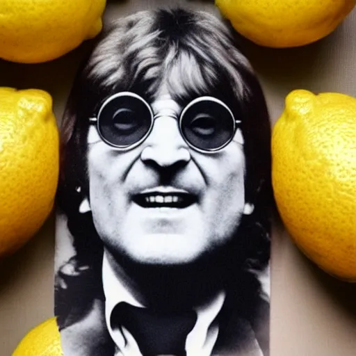 Image similar to a lemon dressed up as john lennon