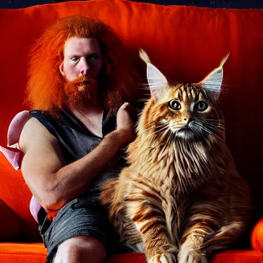 Prompt: ”huge orange maine coon cat biting the nose of a red bearded viking resting on a couch, [cinematic, photorealistic, dslr, portrait, photography, annie leibowitz]”