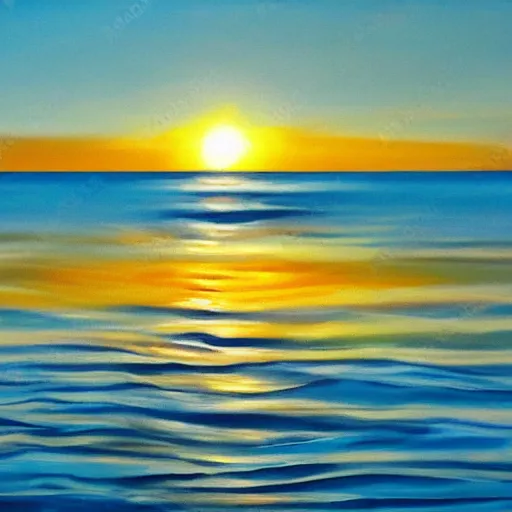 Image similar to sea, wavy, sun at dawn reflecting on the sea cloudy acryl painting 4 k