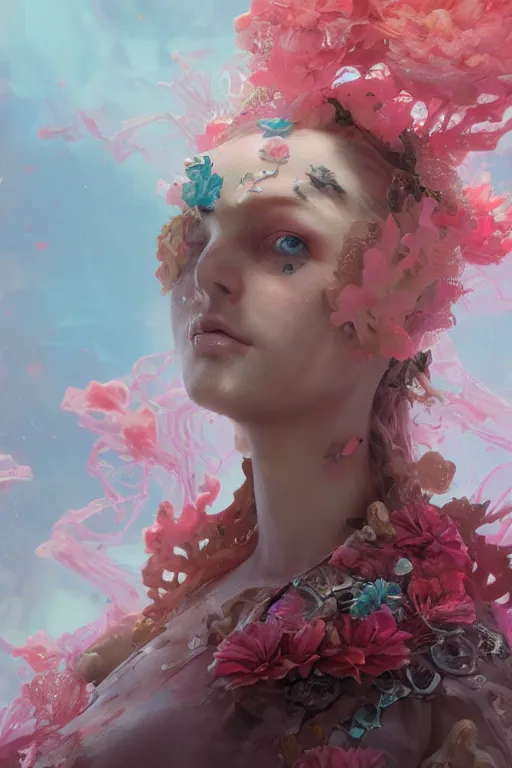 Prompt: face closeup of beautiful barbi doll like girl, exploding into coral reef and voronoi fractures, 3 d render, hyper realistic detailed portrait, holding magic flowers, ruan jia, wlop. scifi, fantasy, hyper detailed, octane render, concept art, by peter mohrbacher, by wlop, by ruan jia