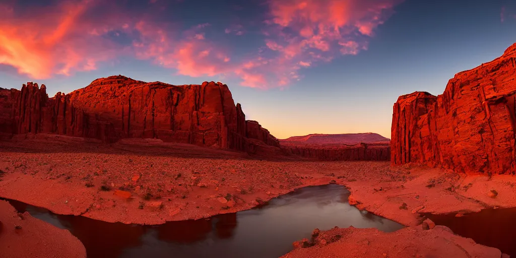 Image similar to a ground - level view of a river bend running through a canyon surrounded by desert mountains at sunset on mars, planet mars, moab, utah, a tilt shift photo by frederic church, trending on unsplash, hudson river school, photo taken with provia, national geographic photo