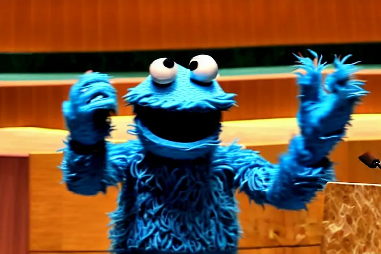 Prompt: Cookie Monster addressing the UN