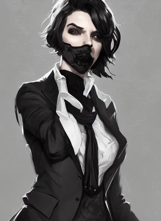 Image similar to a highly detailed illustration of beautiful short black messy haired woman wearing eyepatch and noir style suit and tie, dramatic smiling pose, intricate, elegant, highly detailed, centered, digital painting, artstation, concept art, smooth, sharp focus, league of legends concept art, WLOP