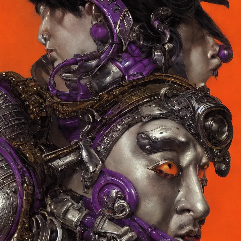 Prompt: baroque neoclassicist close - up portrait of a cyberpunk retrofuturistic cyberpunk japanese samurai warrior gazing intensely. silver butterfly wings. dark purple and orange iridescent and reflective textures. highly detailed science fiction painting by norman rockwell, frank frazetta, and syd mead. rich colors, high contrast, gloomy atmosphere. trending on artstation and behance.