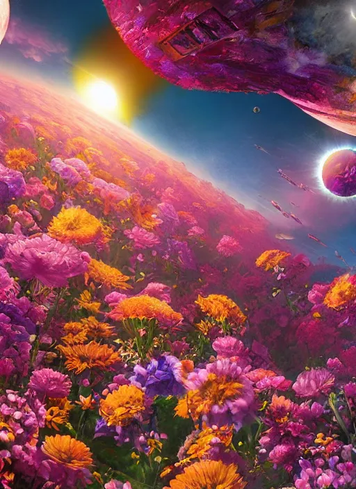 Image similar to An epic fantastic realism comic book style painting of the most beautiful flowers launched into space, bouquets, solar eclipse, fisheye, unreal 5, DAZ, hyperrealistic, octane render, dynamic lighting