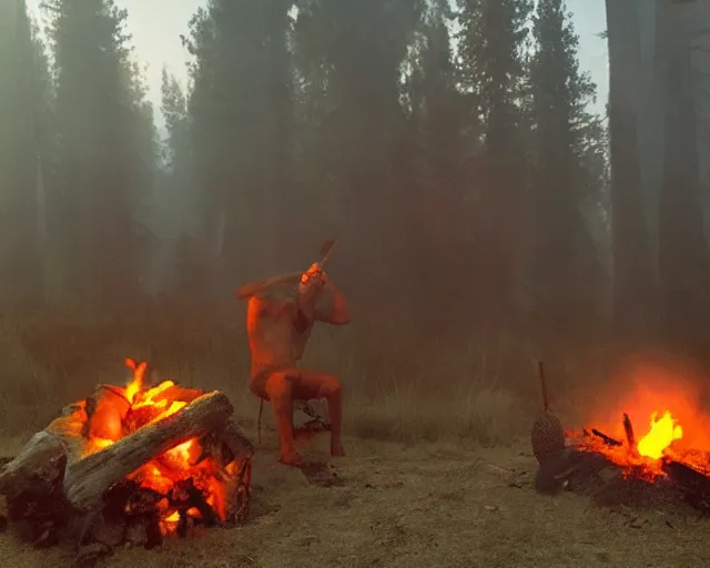 Image similar to spartan drinking tea at campfire with trichocereus background and smoke haze, wolf howling at full moon, photo in the style of the celestine prophecy