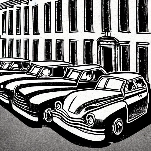 Image similar to book illustration of an old street with old cars, happy people, book illustration, monochromatic, white background, black and white image