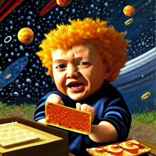 Image similar to highly detailed oil painting by caravaggio in the minecraft universe of a happy little boy flying through space eating pizza and cheese, where the planets are candy, hd, trending on artstation