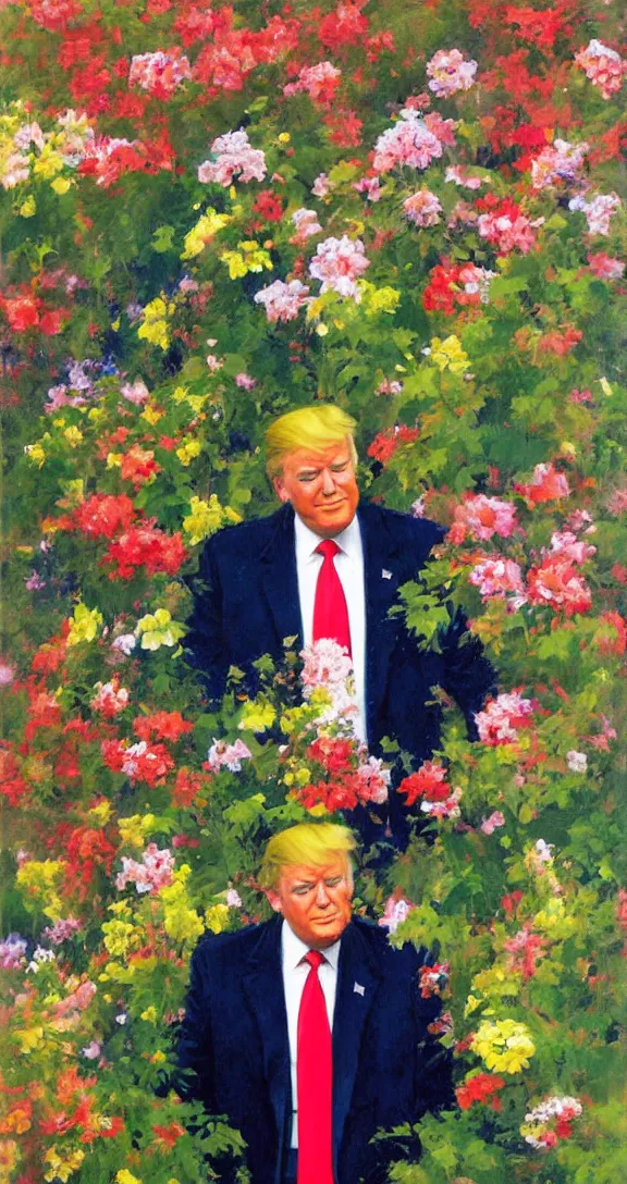 Prompt: romantic detailed portrait of donald trump surrounded by beautiful flowers, by gregory manchess, james gurney, james jean