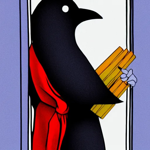 Image similar to a crow wearing a bathrobe standing near a window smoking a cigar, detailed and refined digital Adobe Photoshop drawing, 1992