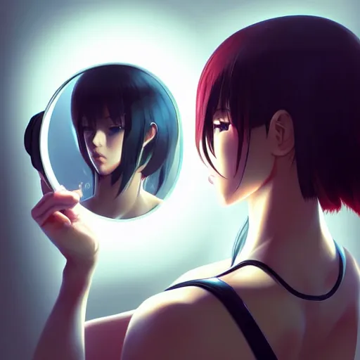 Image similar to digital anime, cyborg - girl looking into a mirror, reflections, wlop, ilya kuvshinov, artgerm