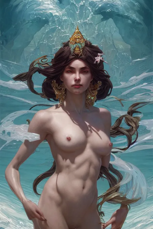 Prompt: goddess of the ocean, accurate anatomy, only two hands, highly detailed, digital painting, artstation, concept art, smooth, sharp focus, illustration, Unreal Engine 5, 8K, art by Ross Tran and greg rutkowski and alphonse Mucha and michelangelo
