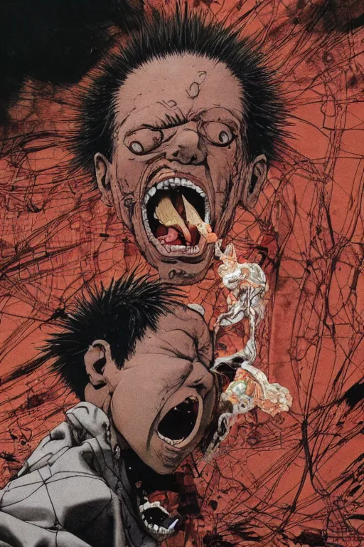 Image similar to full page illustration of tetsuo open mouth, showing a pill on his tongue, by Katsuhiro Otomo, 8k, hd, high resolution print