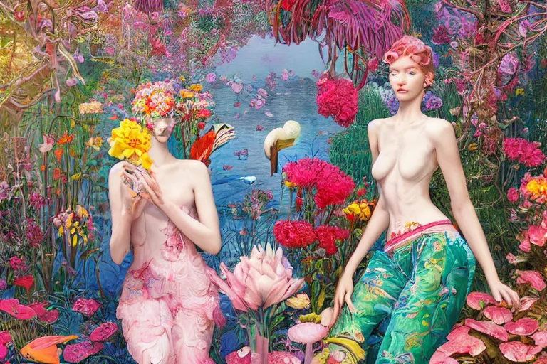 Prompt: pretty model surrounded by flowers, pelicans and goldfish : : by martine johanna and simon stalenhag and chie yoshii and casey weldon and wlop : : ornate, dynamic, particulate, rich colors, intricate, elegant, highly detailed, vogue, harper's bazaar art, fashion magazine, smooth, sharp focus, 8 k, octane render