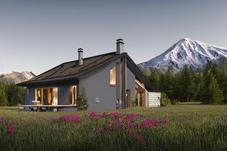 Image similar to modern fachwerk house cottage settlement with Elbrus mountain on the background, architecture, 3d render 8k , high details