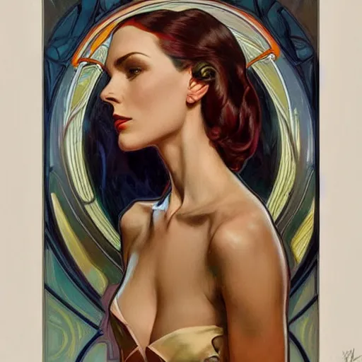 Image similar to a streamline moderne painting in the style of donato giancola, and in the style of charlie bowater, and in the style of alphonse mucha. symmetry, smooth, sharp focus, semi - realism, intricate detail.