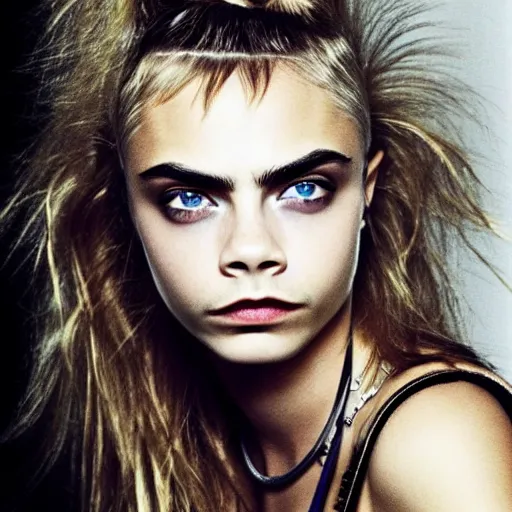 Image similar to photo of a gorgeous 20-year-old Cara Delevingne 1980s punk hairstyle by Mario Testino, detailed, head shot, award winning, Sony a7R -