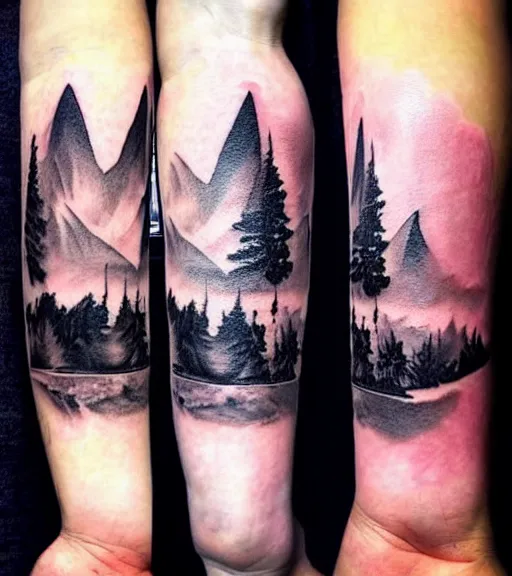 Image similar to creative double exposure effect tattoo design sketch of margot and beautiful mountains and nature, mountain scenery, realism tattoo, in the style of matteo pasqualin, amazing detail, sharp