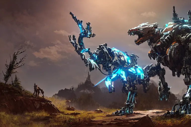 Image similar to sawtooth machine mecha animal beast robot of horizon forbidden west horizon zero dawn bioluminiscence global illumination ray tracing hdr fanart arstation by sung choi and eric pfeiffer and gabriel garza and casper konefal