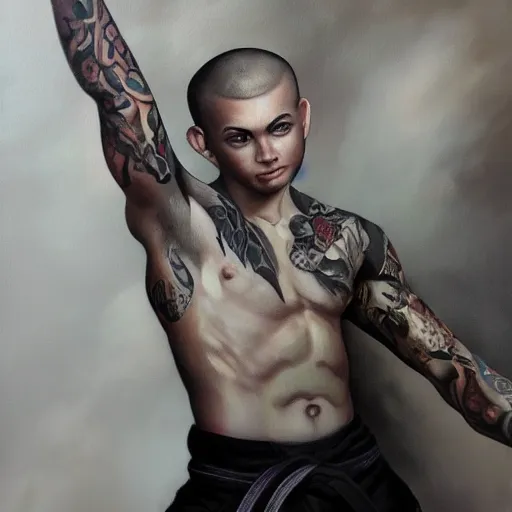 Image similar to A detailed matte oil on canvas painting of a young white male martial artist monk, orchid arm tattoos by artgerm, trending on artstationhd, dungeons and dragons art