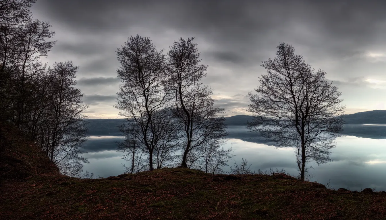 Prompt: calm lakeshore view from hill, cloud reflections, trees, nature, atmospheric, scary, claustrophobic, ambient vibe, very detailed, high resolution, 8 k