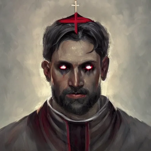 Image similar to portrait painting of a handsome Catholic priest with red eyes, dark, intricate details, highly detailed, concept art, trending on artstation, award-winning. Art by Loran DeSore and Merwild