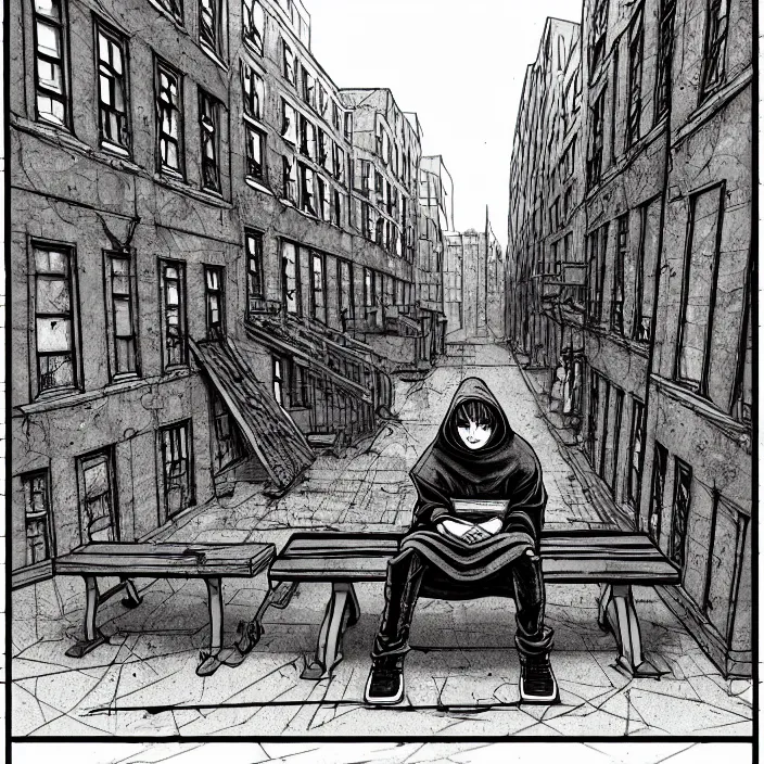 Image similar to storyboard panel : sadie sink in hoodie sits on bench in ruined square, pedestrians walk by, steampunk tenement windows in background. scifi cyberpunk. by gabriel hardman. cinematic atmosphere, detailed and intricate, perfect anatomy