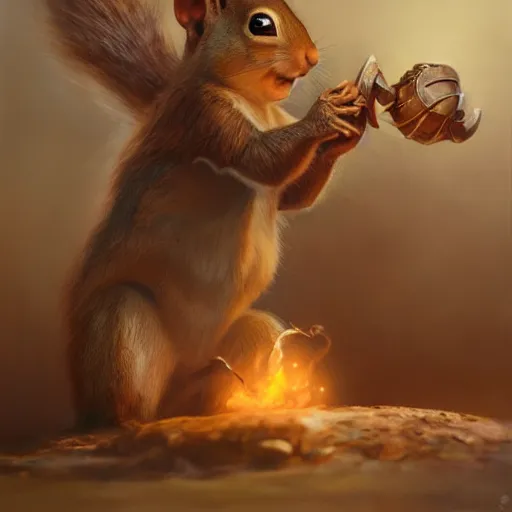 Prompt: squirrel magician with a wooden armor, by justin gerard and greg rutkowski, digital art, realistic painting, dnd, character design, trending on artstation, 4 k