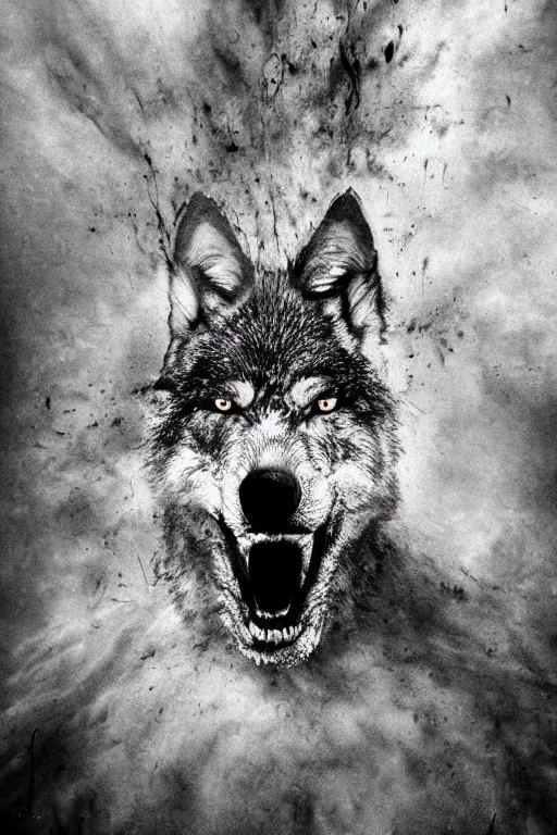Prompt: grim - wolf, psycho stupid fuck it insane, looks like death but cant seem to confirm, cinematic lighting, various refining methods, micro macro autofocus, ultra definition, award winning photo, to hell with you, later confirm hyperrealism, set back dead colors, devianart craze, photograph picture taken by stephen gammell