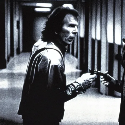 Image similar to movie still, 1 9 8 0 s, harrison ford and john carpenter talking, sci - fi corridor in the background, photorealistic, hyperdetailed, by ridley scott and john carpenter, blue leds