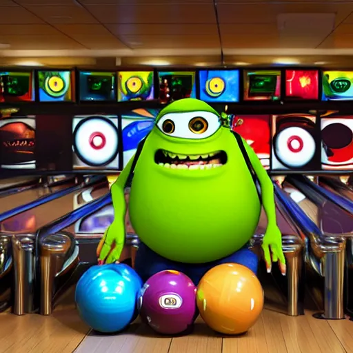 Image similar to Mike wazowski sat in a rack of bowling balls, at the bowling alley, middle lane, Pixar animation, soft lighting, 4k