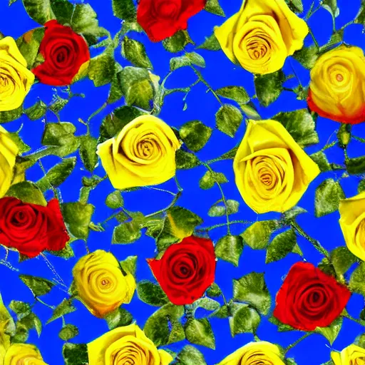 Image similar to blue, yellow, red, roses, detailed, 8k