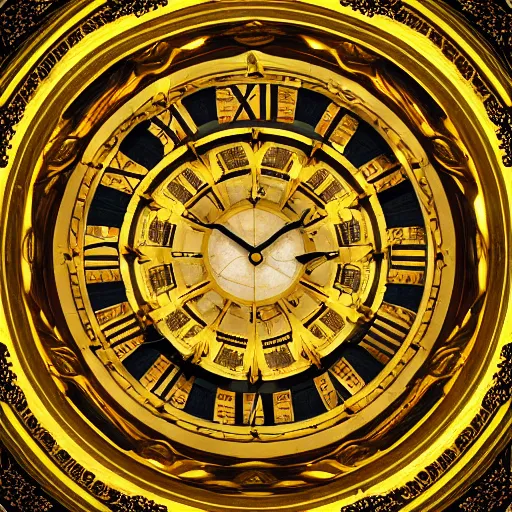 Prompt: Giant marble and gold clock face with a marble human face in the center and rigid gold wings on its sides, digital art