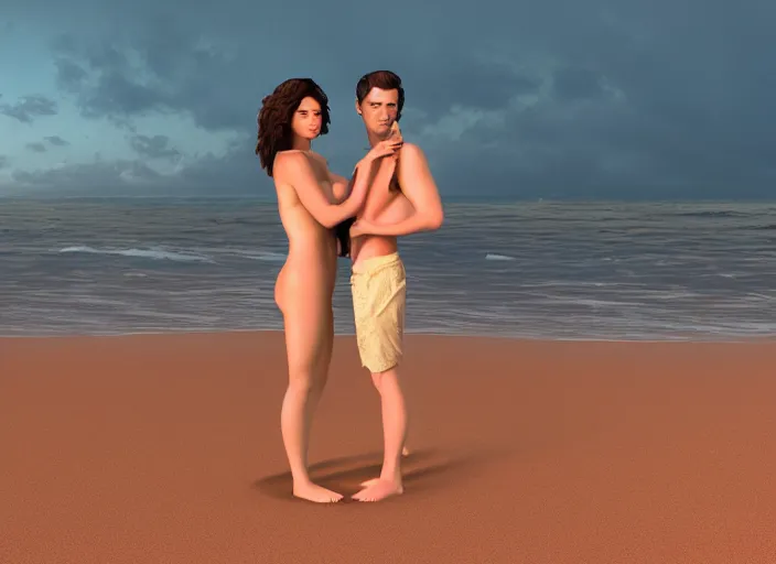 Image similar to couple, man and woman on the beach in pose of couple vol 2 photo reference pack for artists, spirit hugs, gold trim, atmoshperic, elegant, sharp focus, sand sea, red sun, huge lips, poses by satine zillah, environment by jesper ejsing and eddie mendoza, art by by ilya ozornin, artstation, intricate details