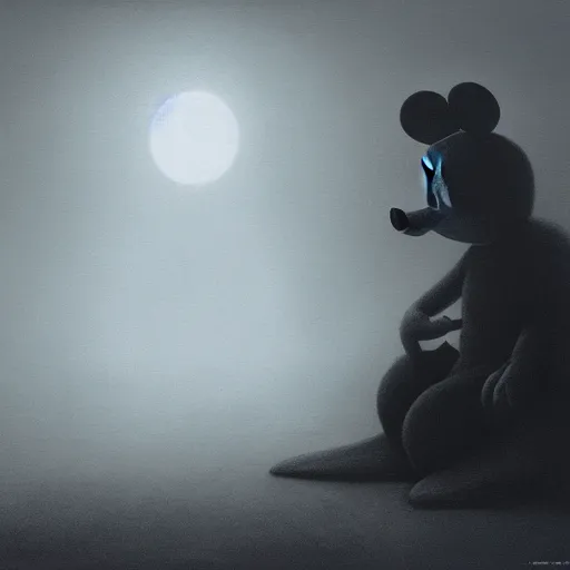 Prompt: mickey mouse [ unmasked ], illustrated by zdzisław beksinski, 4 k, eerie atmosphere, grimly macabre lighting