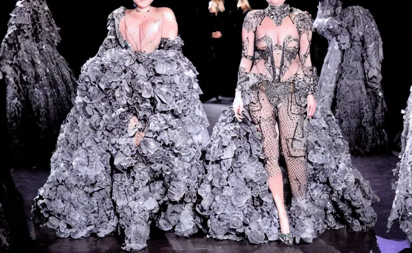 Image similar to lady gaga walking the runway in an alexander mcqueen archive collection at paris fashion week