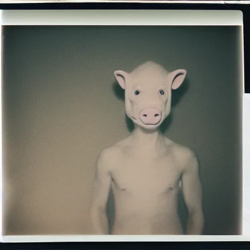 Image similar to ghostly human pig chimera, megalophobia, expired film, old polaroid,