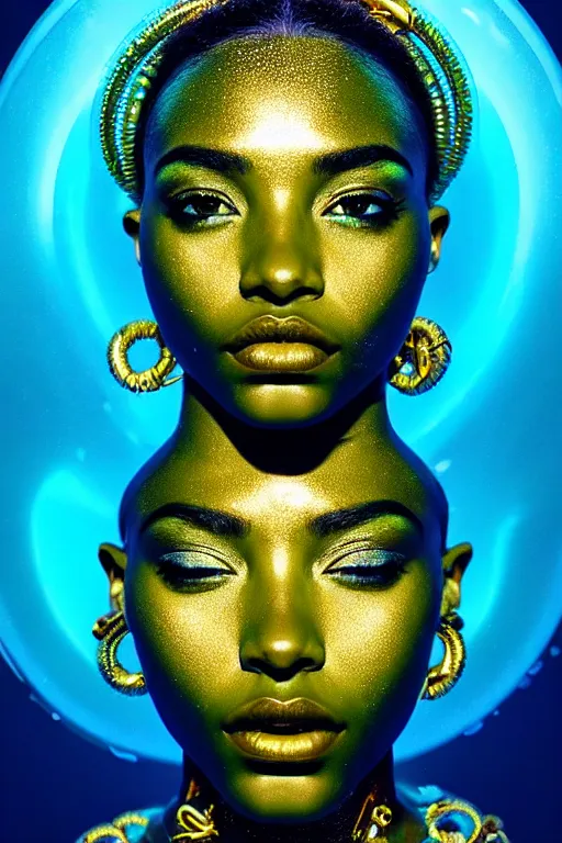 Prompt: hyperrealistic cybernetic cinematic bioluminescent very expressive! oshun goddess whole body underwater, gold jewerly, highly detailed face, digital art masterpiece, smooth eric zener cam de leon, dramatic pearlescent turquoise light on one side, low angle uhd 8 k, shallow depth of field