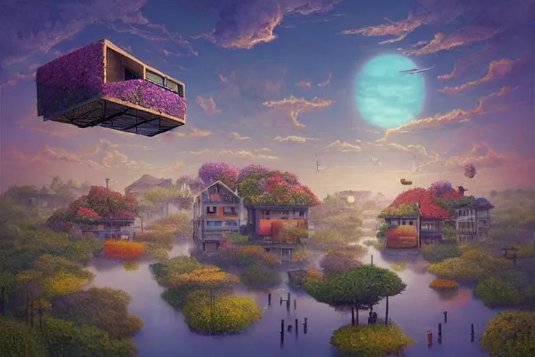 Image similar to surreal tokyo suburb, floating house in the sky, summer morning, very coherent and colorful high contrast, art by!!!! gediminas pranckevicius!!!!, geof darrow, dark shadows, hard lighting