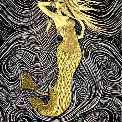 Image similar to gold and silver tones, mermaid, style of moebius, james jean, rutkowski, mcbess, cinematic, high detail, award winning, 8 k photorealistic