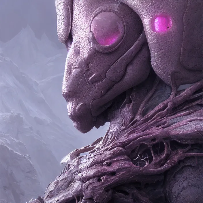 Image similar to a portrait of a character in a scenic environment by wayne barlowe and nihei tsutomu, close up shot, dreamy hazy, biological armor, highly detailed, 3 d render, vray, octane, realistic lighting