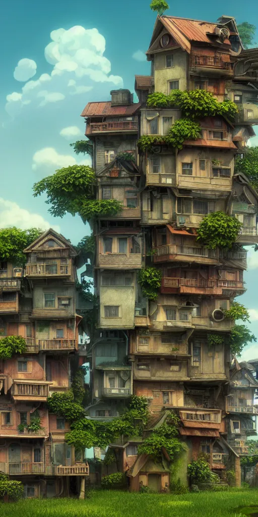 Image similar to stacked houses, solarpunk, studio ghibli, jean - baptiste monge, octane render, 4 k