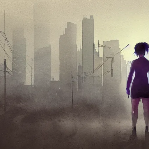 Image similar to incredible wide screenshot, ultrawide, simple watercolor, rough paper texture, ghost in the shell movie scene, backlit distant shot of girl, bold graphic graffiti, bright sun bleached ground, mud, fog, dust, windy, pale beige sky, junk tv, texture, dust, tangled overhead wires, telephone pole, dusty, dry, pencil marks, genius party, A master piece of storytelling, shinjuku, koji morimoto, katsuya terada, masamune shirow, tatsuyuki tanaka hd, 4k, remaster, dynamic camera angle, deep 3 point perspective, fish eye, dynamic scene