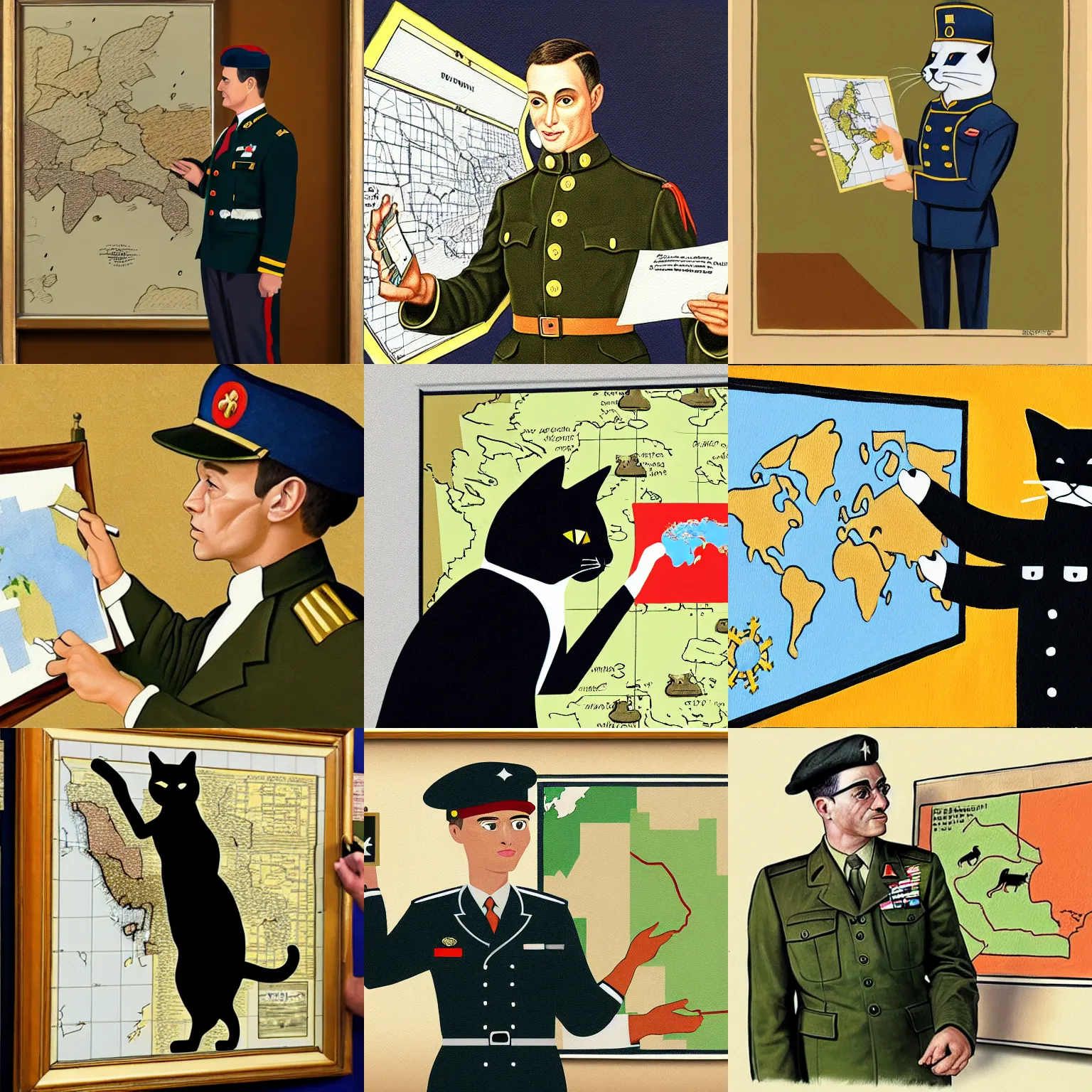 Prompt: painting of a cat in military uniform pointing at a map in a briefing