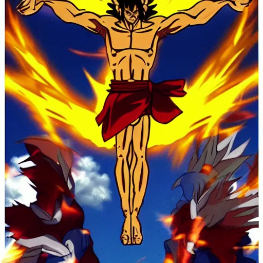 Image similar to jesus Christ on the cross going super saiyan, glowing, anime