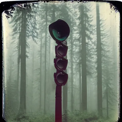 Image similar to a traffic light in the middle of a forest clearing, old polaroid, expired film, foggy, dark, surreal, eerie, creepy,