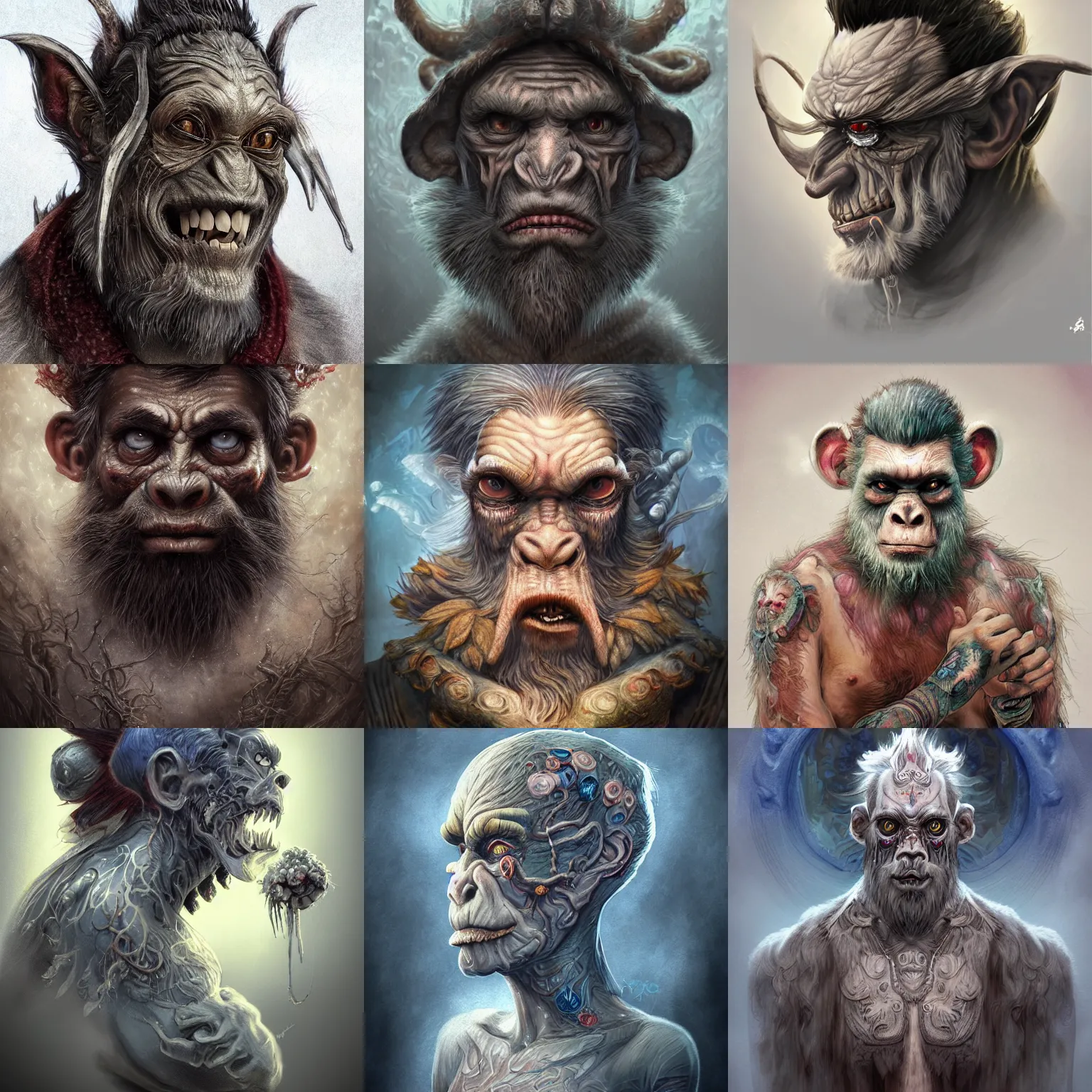 Image similar to a wlop 3 d render of very very very very highly detailed beautiful mystic portrait of a horror wind phantom ape demon with fancy haircut and tattoos and frosty background by anton pieck, intricate, extremely detailed, digital painting, artstation, concept art, smooth, sharp focus, illustration, intimidating lighting, incredible art,