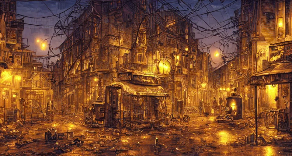 Prompt: steampunk city streets at night by guido borelli da caluso, junk everywhere, wires hanging, steam, trending on artstation, no yellow
